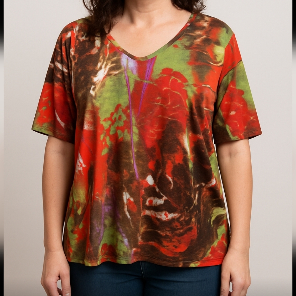 Nygard Collection Red Brown Artsy Ladies Top Sz 1X